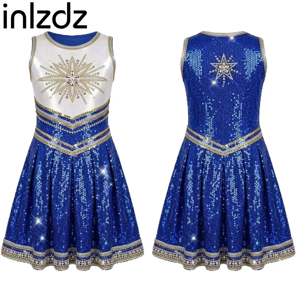 

Girls Sport Cheer Dress Shiny Sequins Round Neck Sleeveless A Line Swing Ruffle Jazz Dance Dress for School Cheerleading Events