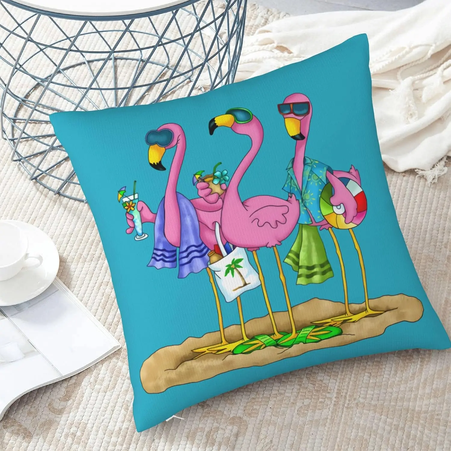 Pink Flamingo Throw Pillow Covers 18x18 Inch, Summer Funny Flamingo Standing on Beach and Blue Background Pillow Cases Indoor Pi