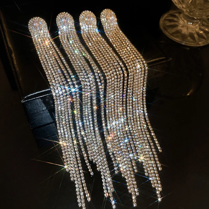 Super Long Multi Strand Rhinestones Dangle Earrings Women Shiny Clear Tassel Zircon Drop Earrings Statement Banquet Jewelry C