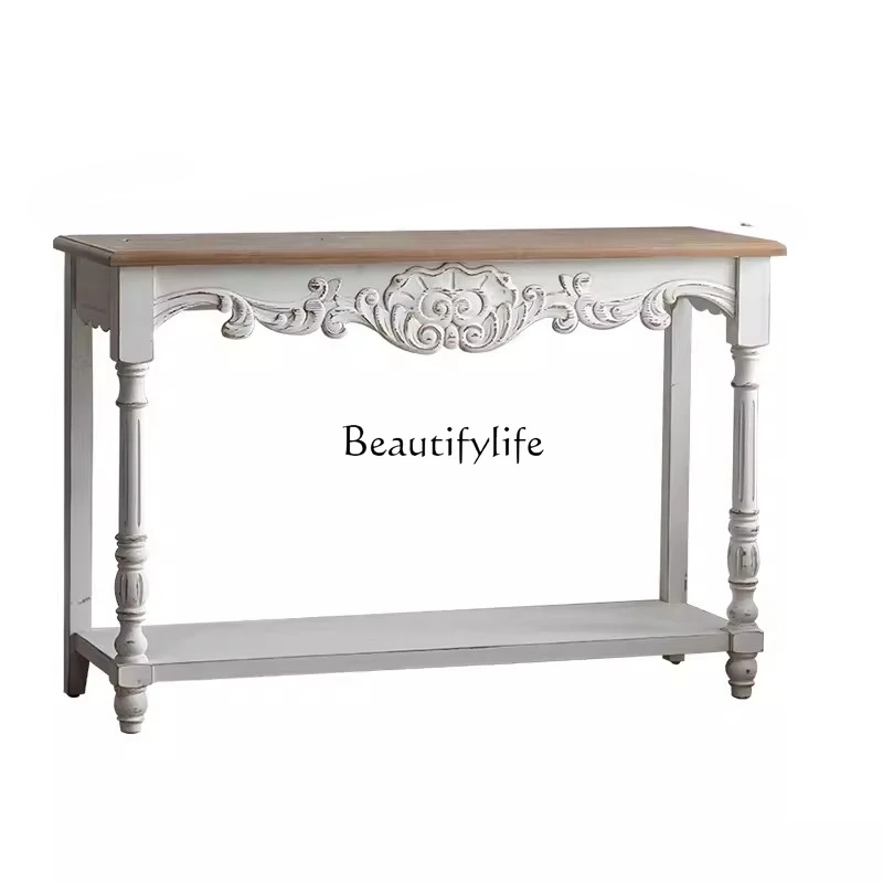 

French Style Console Tables Living Room Wood Carved Distressed Table Retro Entrance Cabinet Decorative White