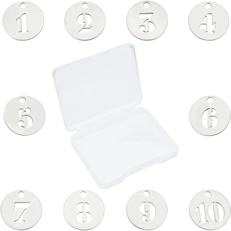 

10Pcs 1-10 Number Charms Silver Stainless Steel Flat Round Hollow Disc Charms Lucky Numbers Metal Coins for Jewelry Making Charm