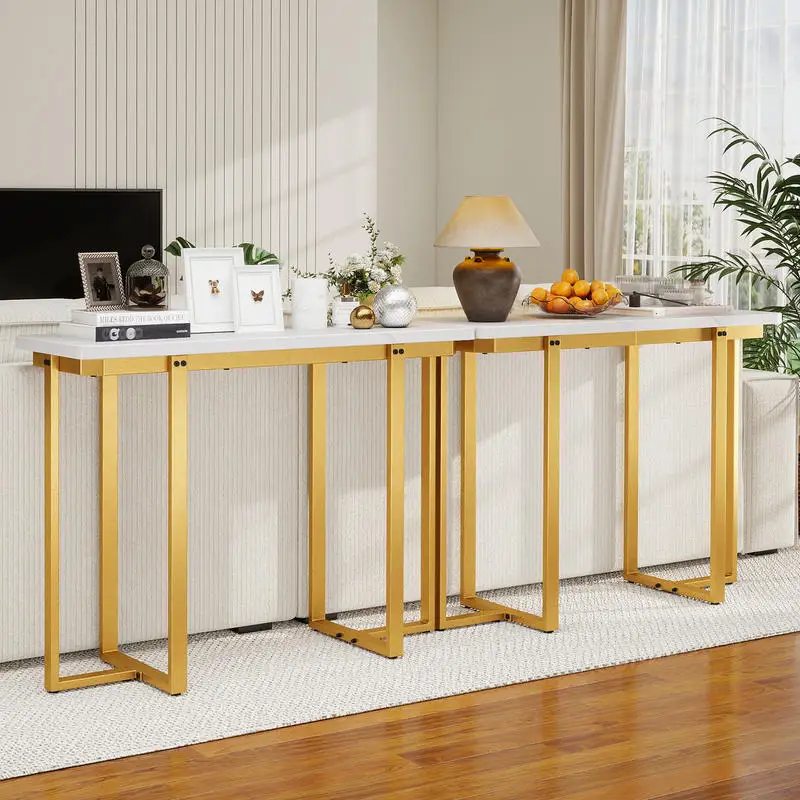 Entryway Table, Faux Marble Console Table with Geometric Metal Frame, Modern Narrow Sofa Table for Hallway Living Room, White, 42 Inch