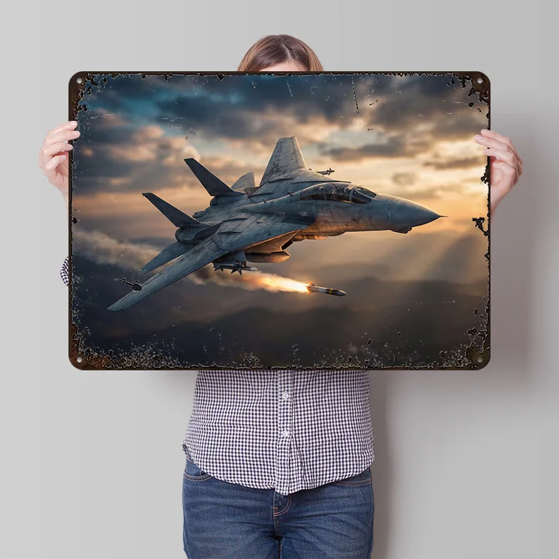 F-14 Tomcat Missile Launch At Sunset Poster Customized Vintage Metal Signs Wall Art Retro Tin Plaque for Home Decorations House