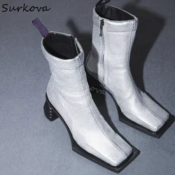 Retro Square Platform Ankle Boots Women Chunky Heels Leather Side Zipper Solid Short Boots 2024 Winter New Fashion Biker Boots