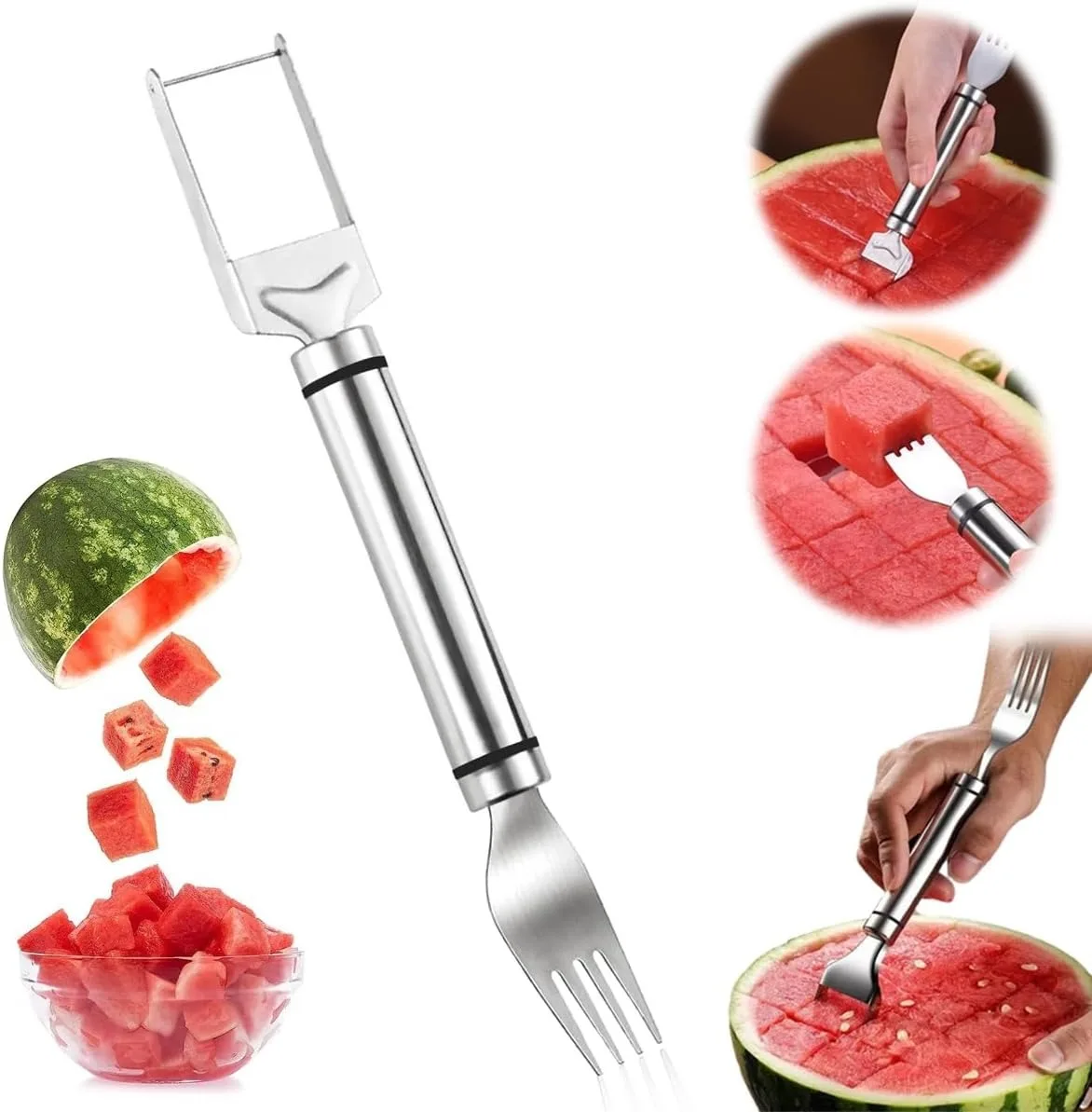 2-In-1 Stainless Steel Fruit Cutter Watermelon Fork Slicer Cutting Tool, Watermelon Fork Cutter for Home Party Camping Kitchen Gadget (1 Pcs)