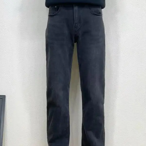 Calças Jeans Masculinas Casuais Elásticas de Perna Reta com Bordado de Coqueiro, Corte Slim, Preto e Cinza, Estilo Retrô Amer...