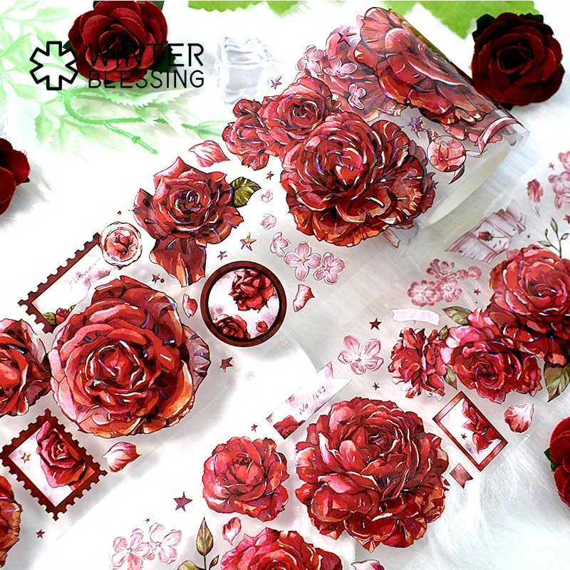 2 m Laser PET Washi Tape Rote Rose Transparente Rolle Aufkleber Dekoratives Klebeband Für Scrapbooking Journal Ästhetisches Briefpapier