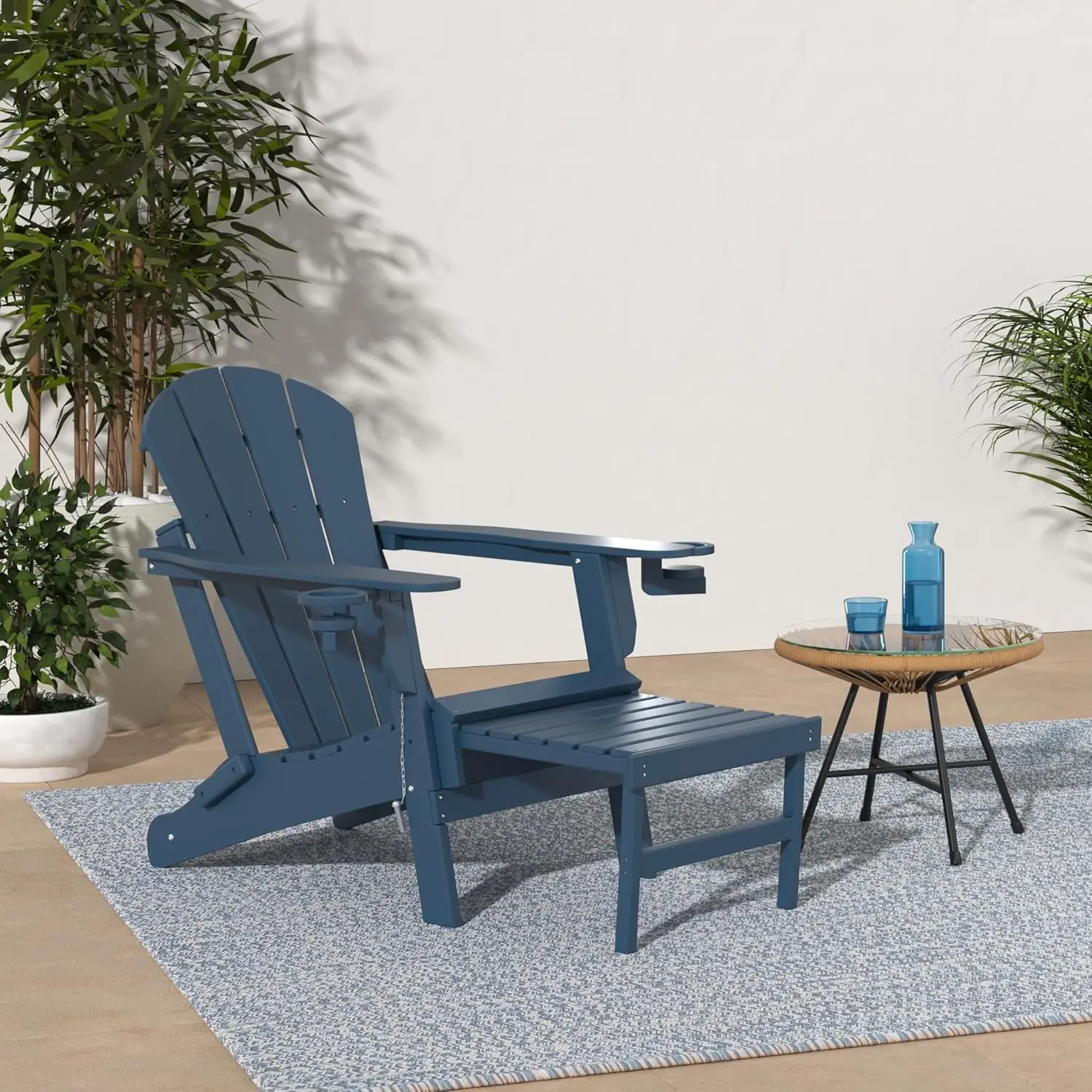 2 Piece Folding HDPE Adirondack Chair Set Retrac  Ottoman Built In Cup Holders All Weather Resistant Outdoor Furniture for F
