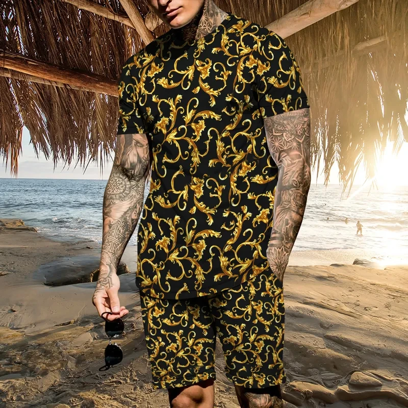 Summer Men\'s Suit Gold Pattern Print T-shirt Shorts 2-piece Set Prestige and Elegant Casual Clothes High Street Baroque T-shirt