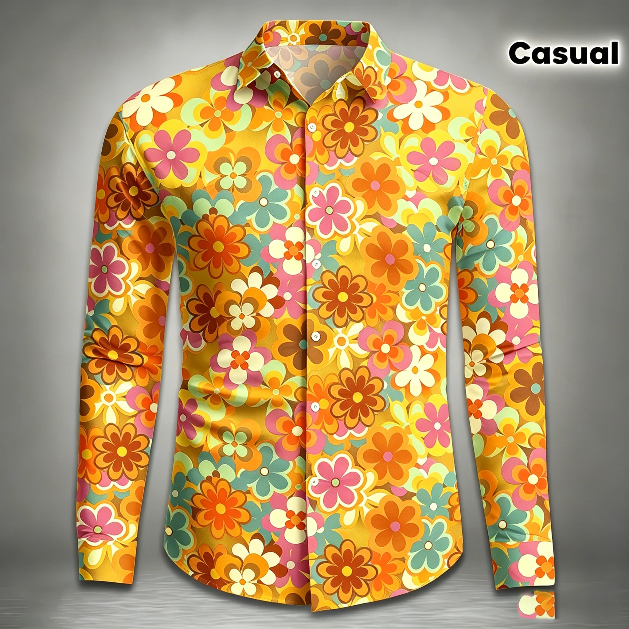 Men's collared slim-fit long-sleeved shirt, daisy drape shirt, plus-size retro European and American style casual cardigan top. - view 2