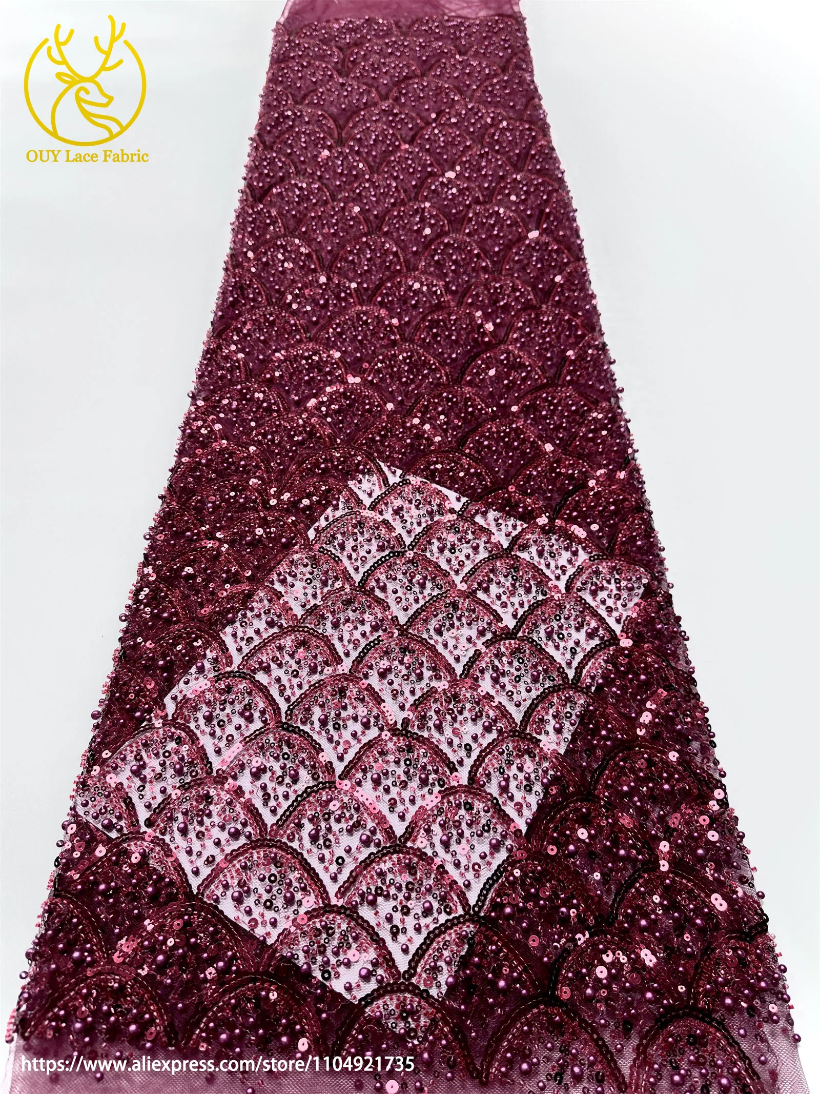 Burgunderroter afrikanischer Perlenstickerei-Mesh-Spitzenstoff, eleganter nigerianischer französischer Pailletten-Tüll-Spitzenstoff für Frauen, Partykleider – Detail 18