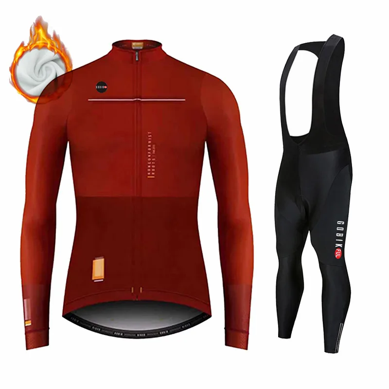 KBORA Winter Thermal Fleece Long Sleeve Cycling Jersey Set Bib Pants Ropa Ciclismo Bicycle Clothing MTB Bike Men Clothes Suit