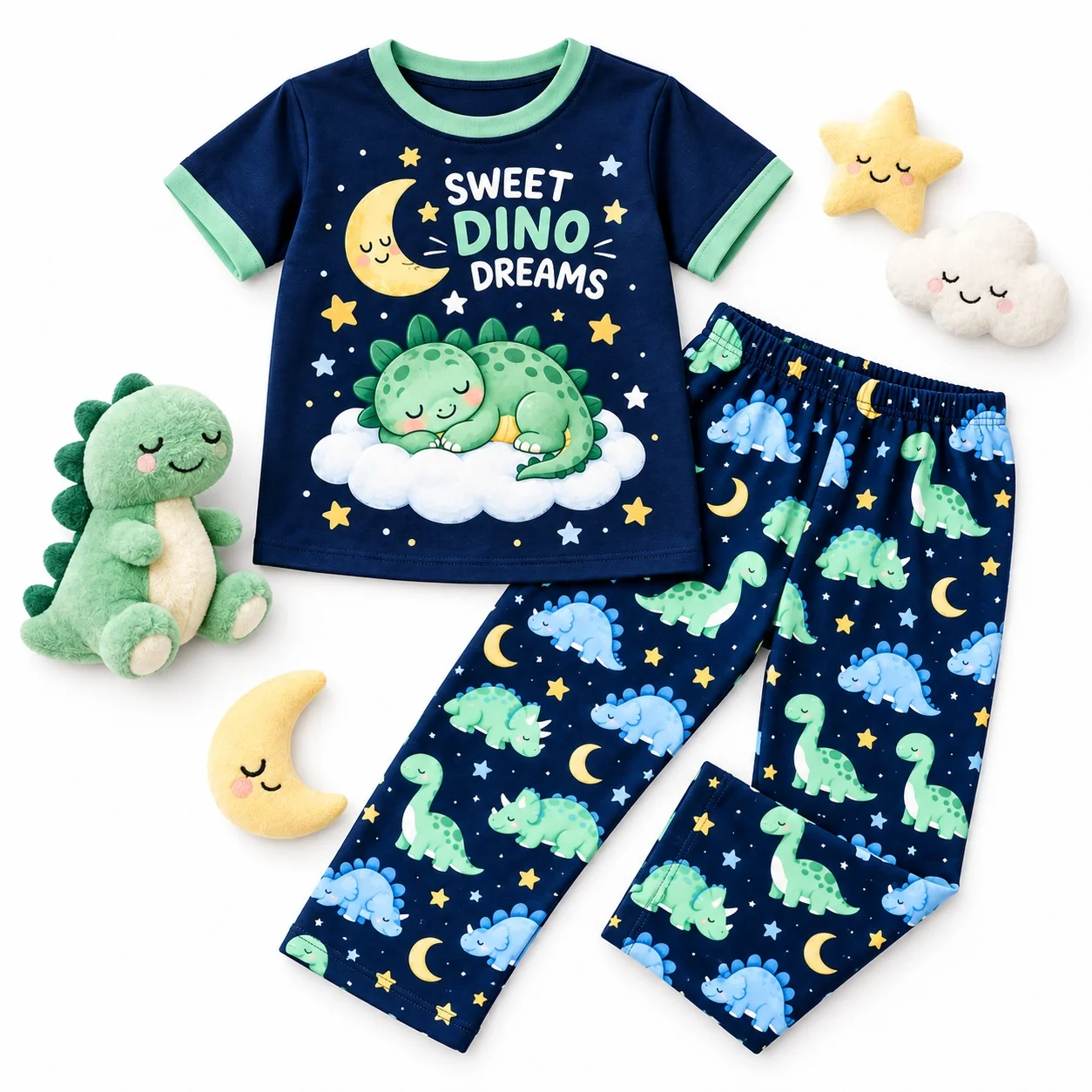 Kids Boys Girls Sweet Dino Dreams Outfit Set Sleeping Dinosaur Moon Star Print Short Sleeve T Shirt Long Pants Casual Clothes view 6