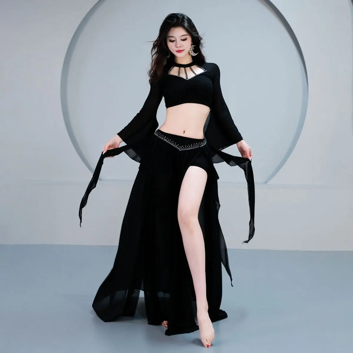 

Belly dance suit spring and summer new suit long-sleeved practice suit fairy energy lotus leaf streamer practice class suit