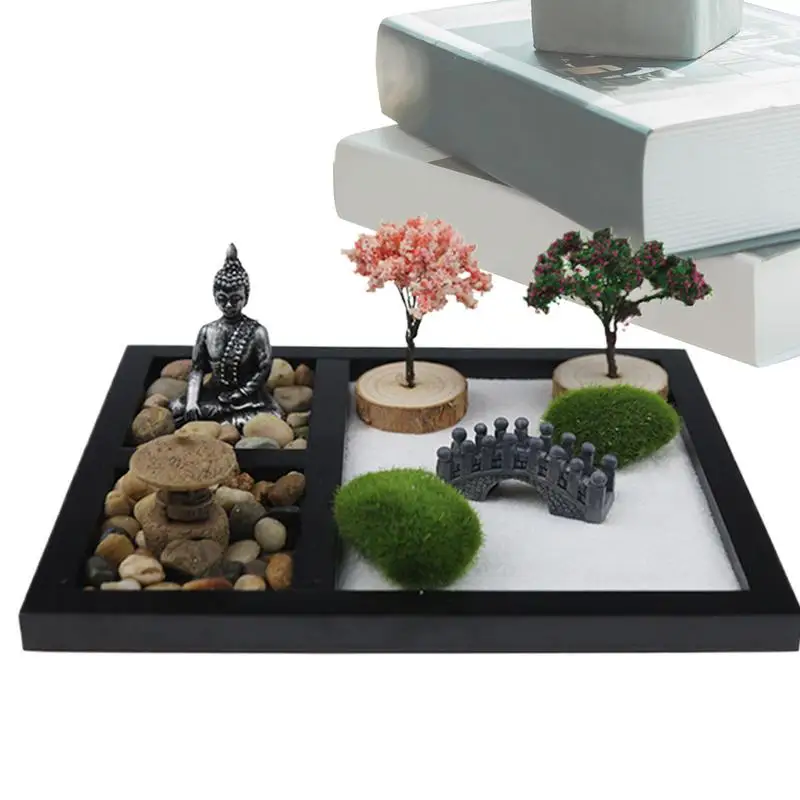 Mini Zen Garden Kit with Buddha Figurine, Desktop Sand Table for Office Desk Home Decor, Meditation & Stress Relief Crafts - view 4