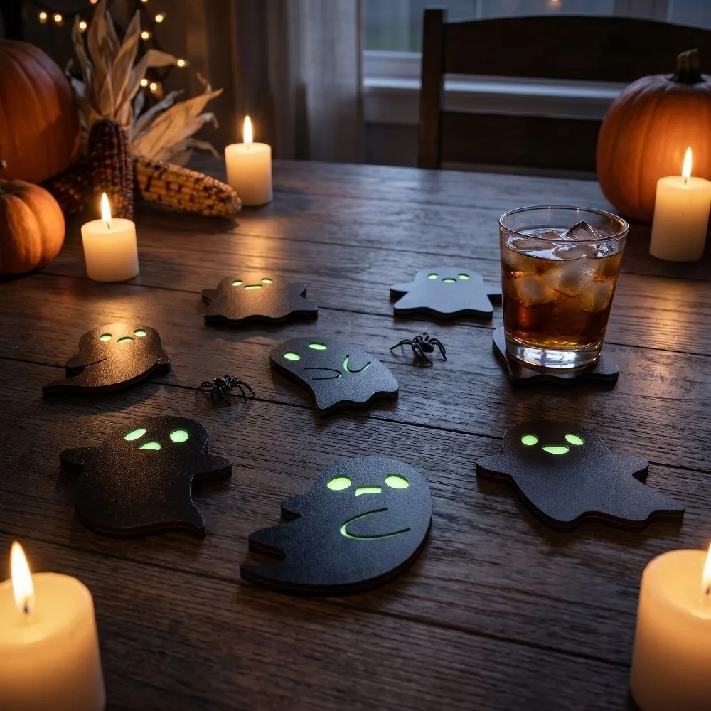 4/8PCS Anti-slip Glow-in-the-dark Coasters Spooky Luminous Wooden Pumpkin Coasters Dark Style Heatproof Table Protection Pads