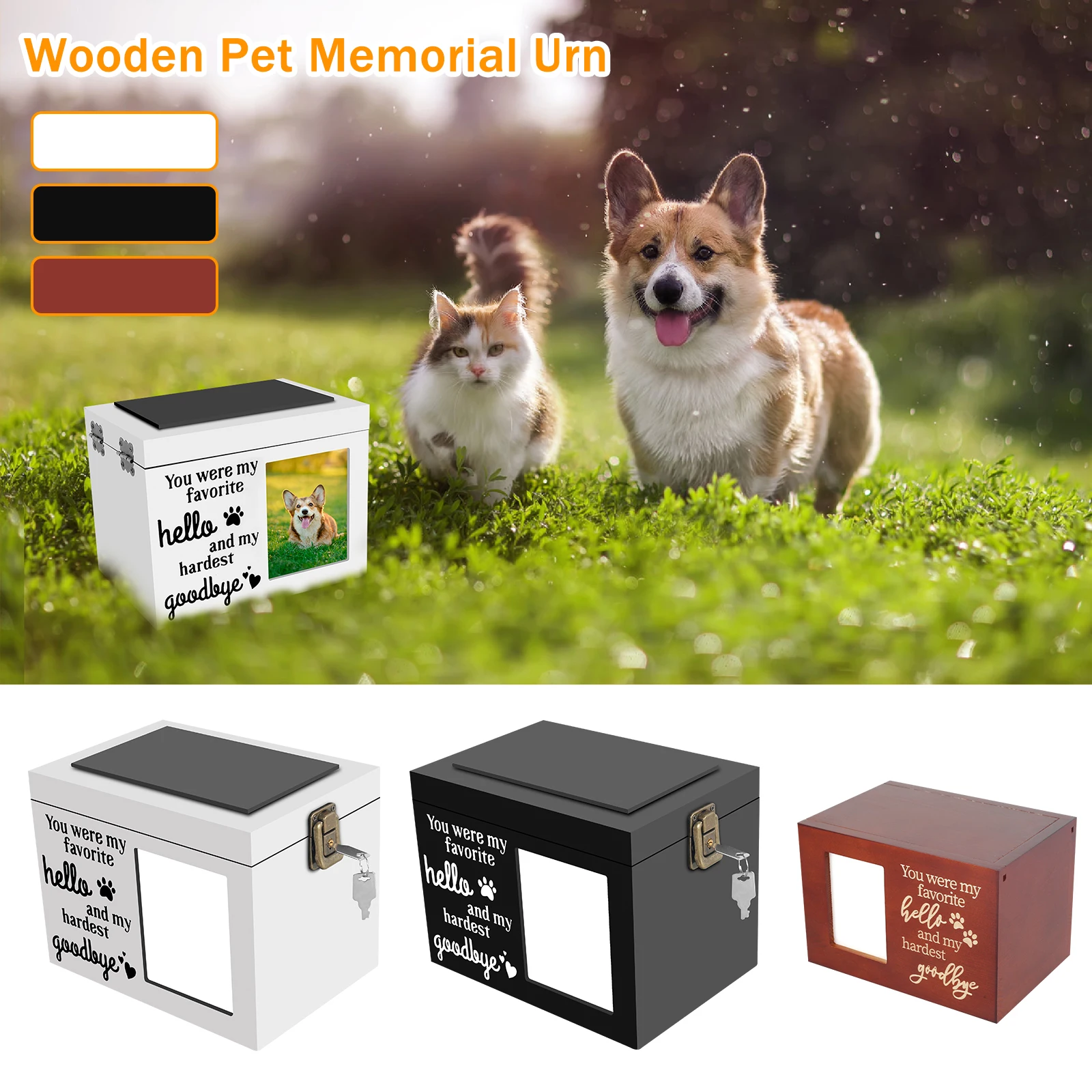 Wood Pet Memorial Urn DogCremation Urn with Photo Frame Key and Lock Personalized Pet Keepsake Memory Box for Dog or Cat Ashes