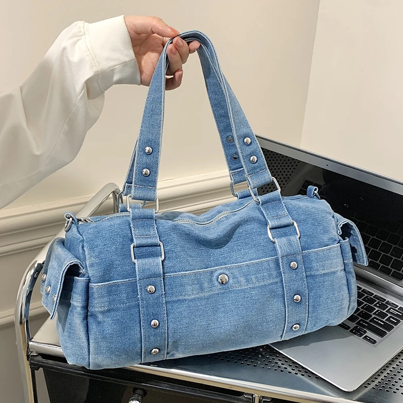 Women Denim Cylindrical Shoulder Bag Casual Large Capacity Handbag Versatile Daily Commute Shopping Short Trip Crossbody Bag