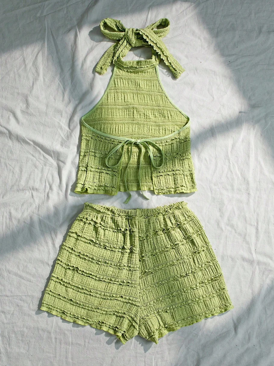 Women's Summer European and American Vacation Style Cami Top & Hot Pants Set, Women's Short Beach Outfit Set