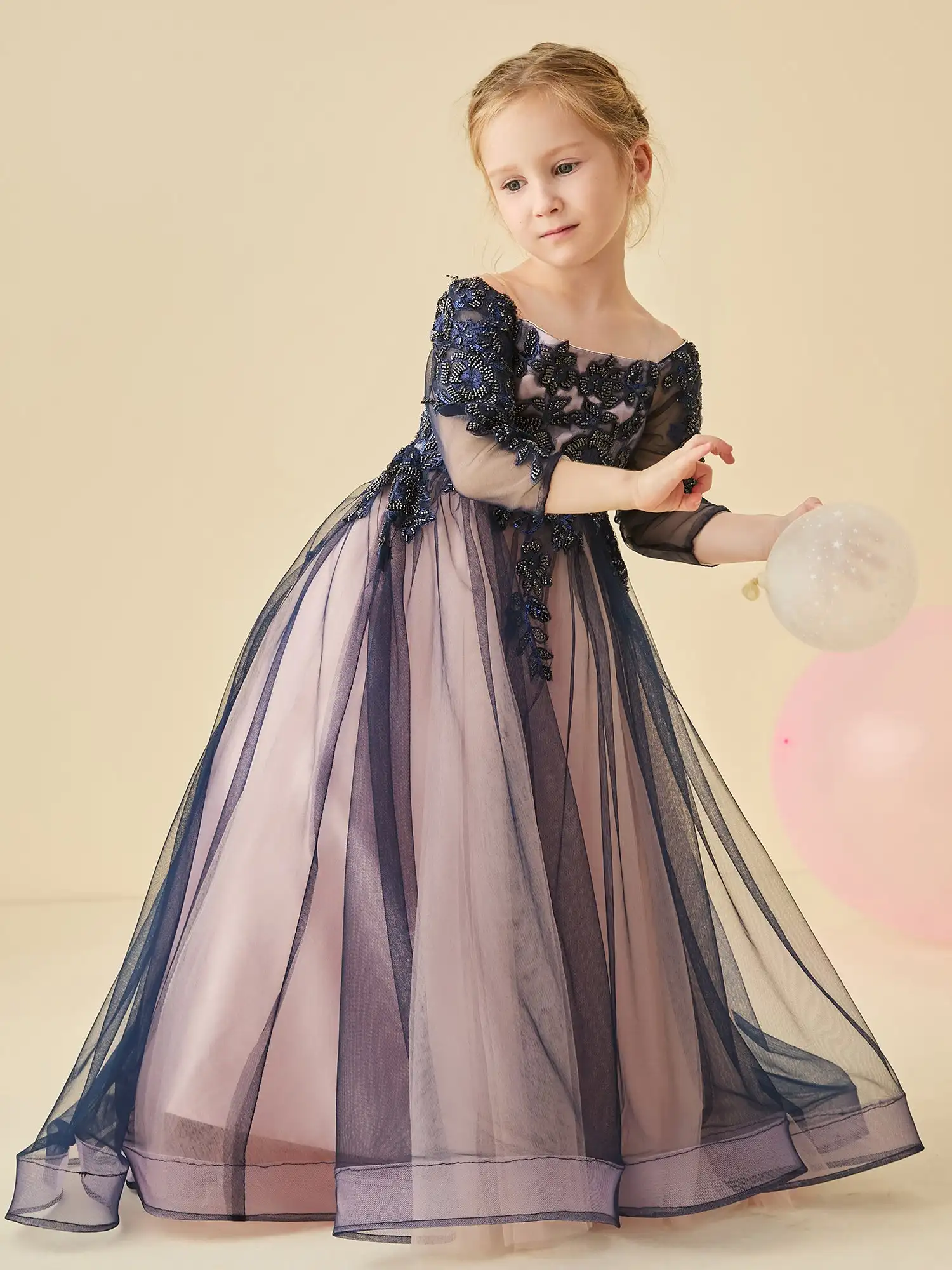 3/4-Length Sleeves Beaded Tulle Flower Girl Dress Wedding Children Birthday Floor Length Party Gowns