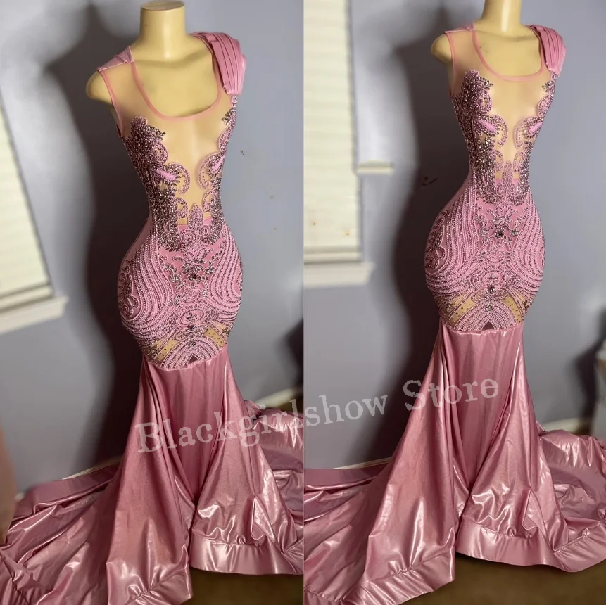 Luxury Peach Pink Diamante Evening Prom Dress 2024 For Women Sparkling Diamante Beaded Sheer Birthday Party Queen Dresses