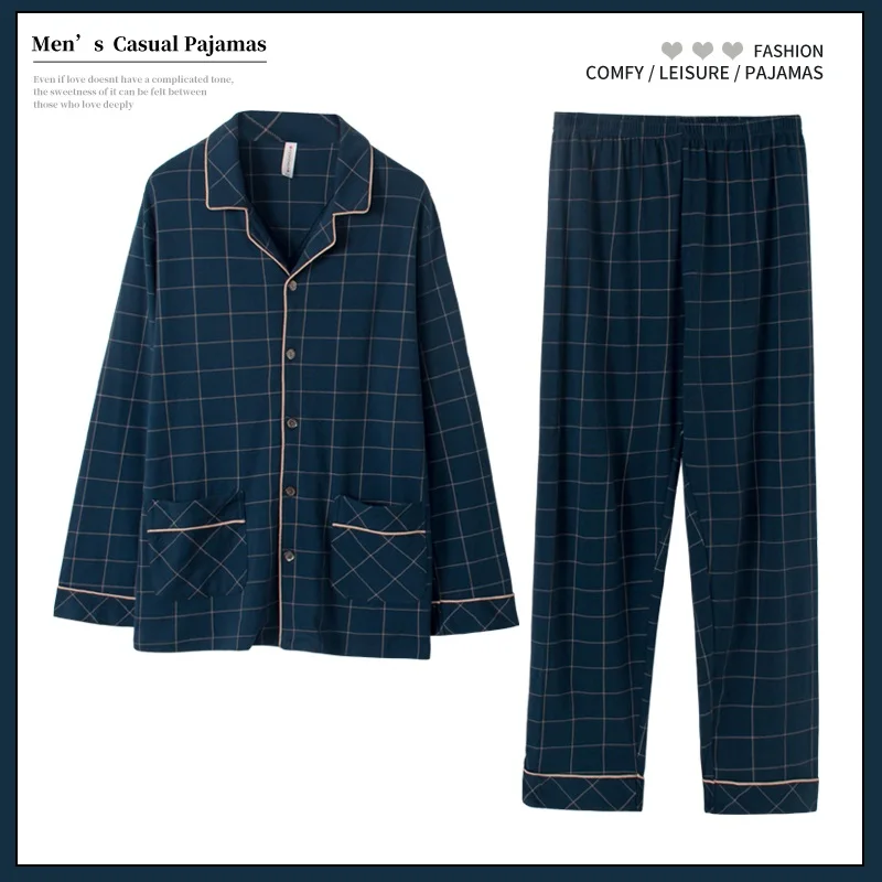 3XL-6XL Autumn/Winter Men's Pajamas All Cotton Cardigan Plaid Men's Autumn Home Furnishings Pure Cotton Men's Set