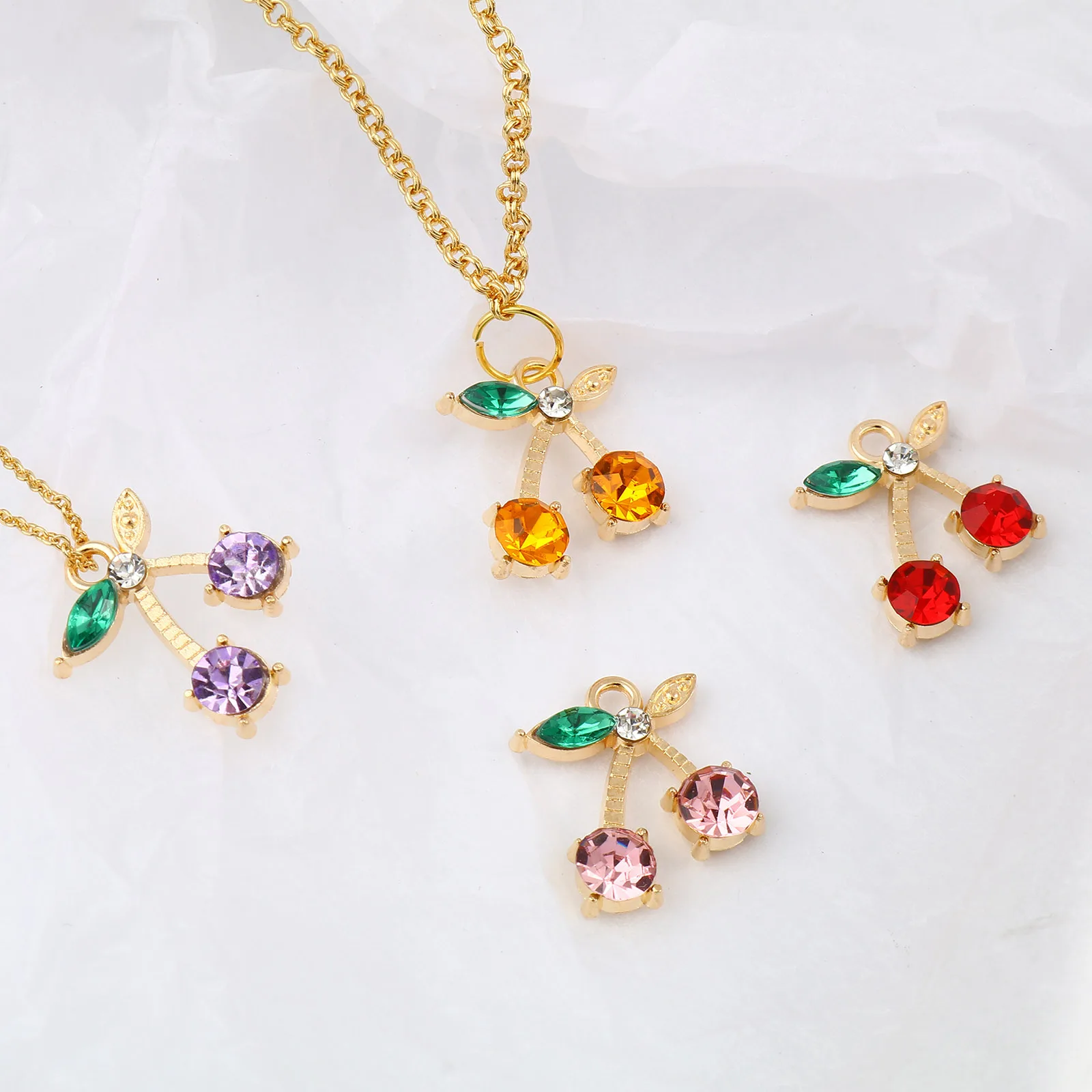 10PCs Fruit Cherry Charms Pendants Gold Color Colored Rhinestones Pendant Cherry Shaped Necklace Pendants for DIY Women Jewelry