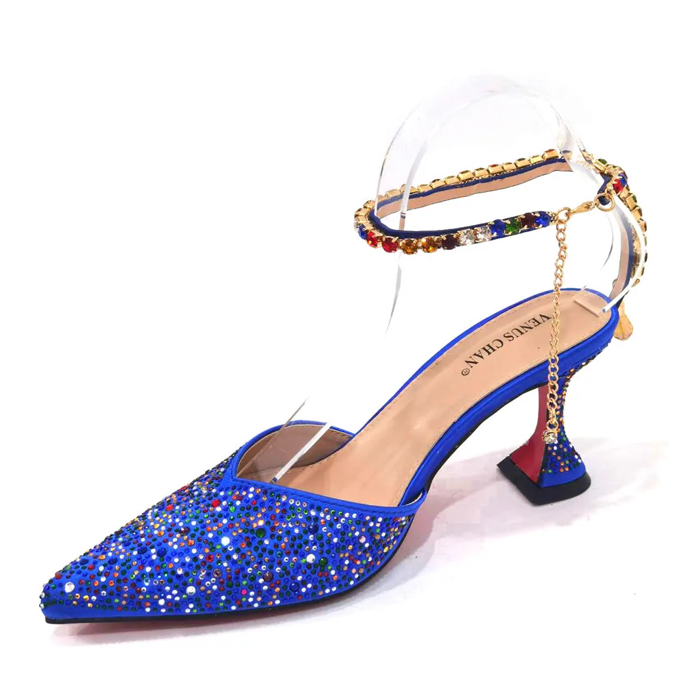 2023 Blue Color Popular Pointed Full Of Diamonds And Shiny Shoes With Bag Banquet Shoes And Bags And Friends Party