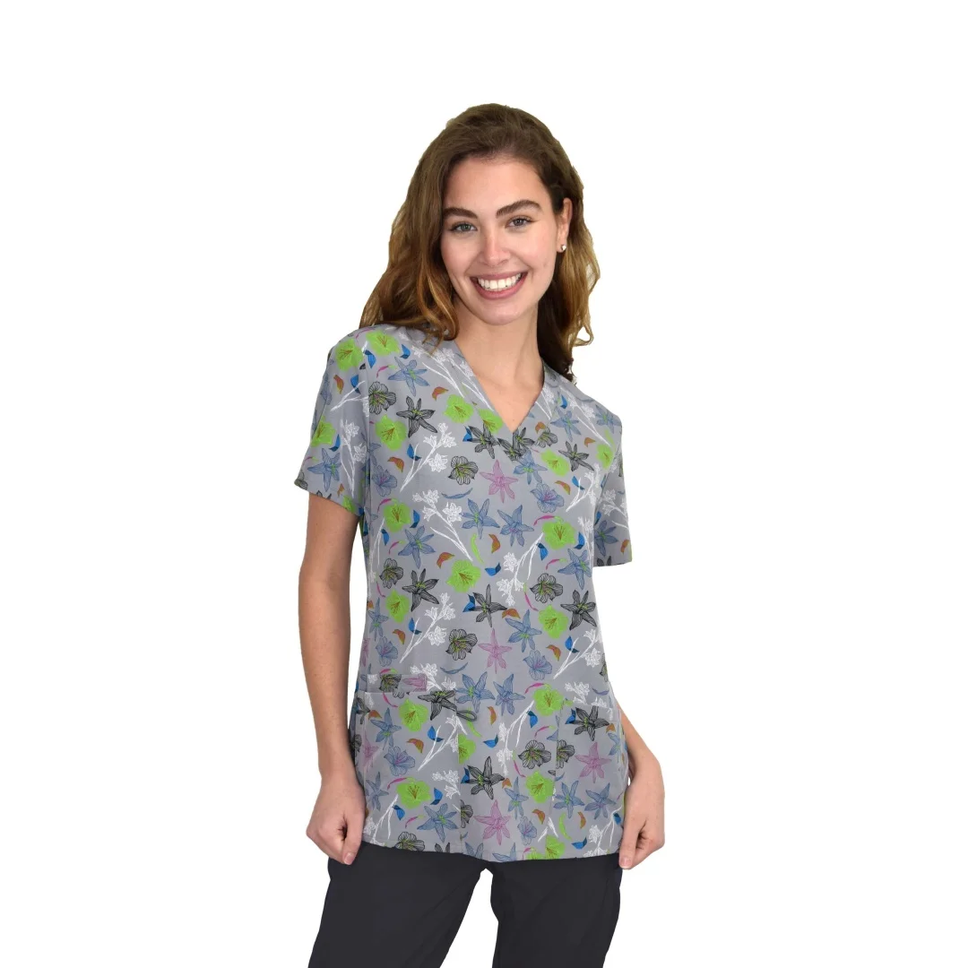 Robes chirurgicales imprimées fantaisie rétro pour femmes, gommages dentaires Micro élastiques à col en v, uniforme à manches courtes, hauts de dentiste médical pour femmes