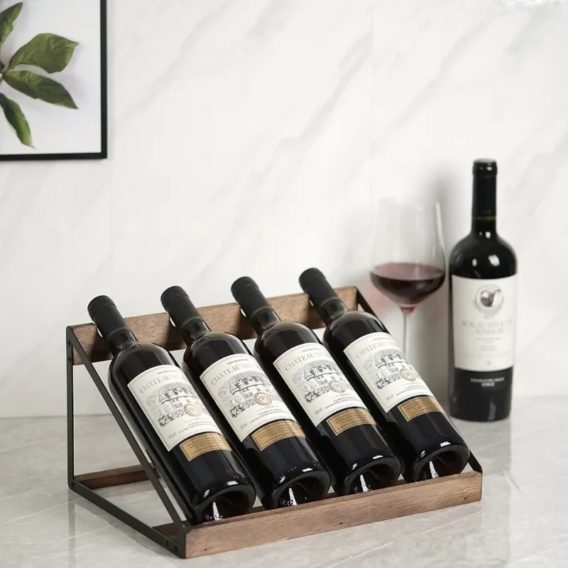 Estante para vino trapezoidal, soporte de exhibición inclinado para 4 botellas, soporte de vino de madera rústico para decoració