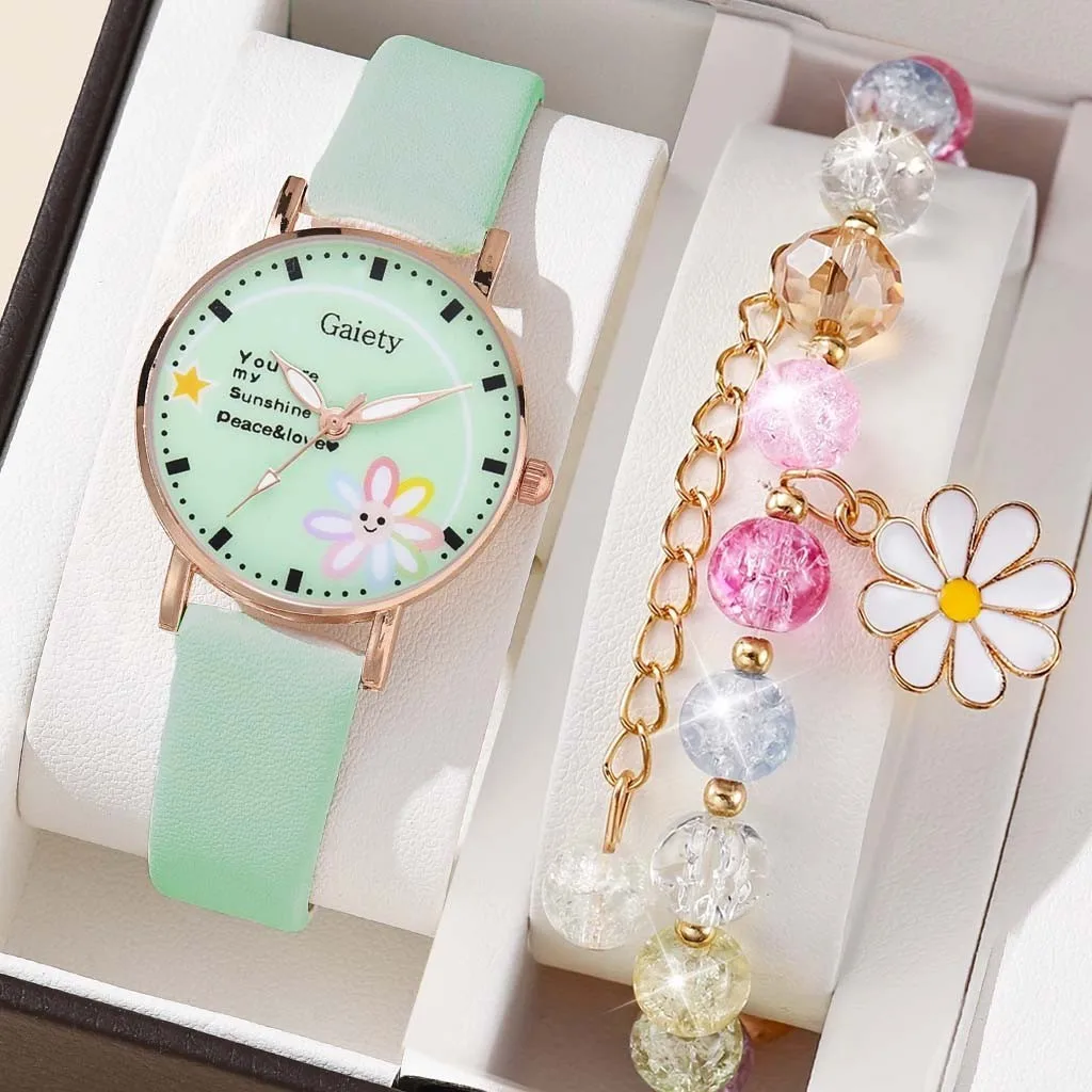 【Free Bracelet】 Cute Children's Flower Watch Candy Color Student Quartz Watches Little Daisy Bracelet Set No Box