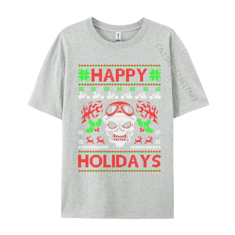 Motorcycle Happy Holidays Biker Ugly Christmas Skull T-Shirt All Cotton Tops T Shirt Fitness Tight T-Shirt Round Collar