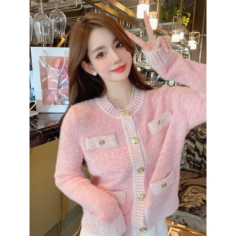 Women Autumn Winter Elegant Temperament Sweater Solid Color O-neck Long Sleeve Knitwear Fashion All-match Knitting Cardigan Coat