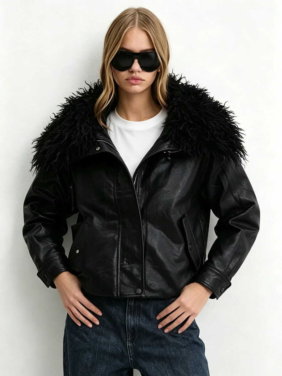 Women Faux Leather Jacket With Fluffy Fur Collar Zip Up Long Sleeve Cropped Coat Winter Warm Casual Street Outerwear