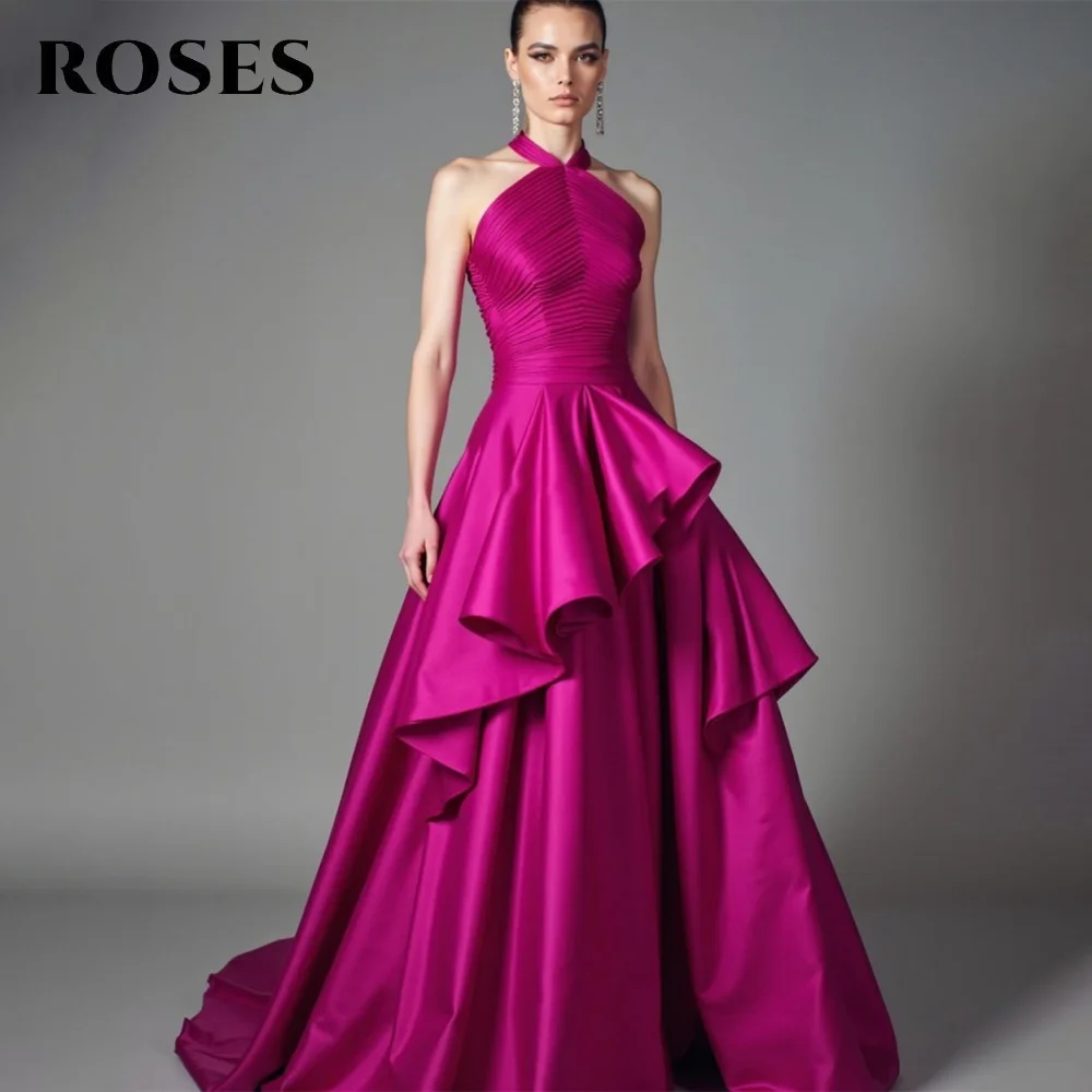 

ROSES Атласные платья трапециевидной формы цвета фуксии для выпускного вечера Платье знаменитости без рукавов со складками Простые женские вечерние платья по индивидуальному заказу