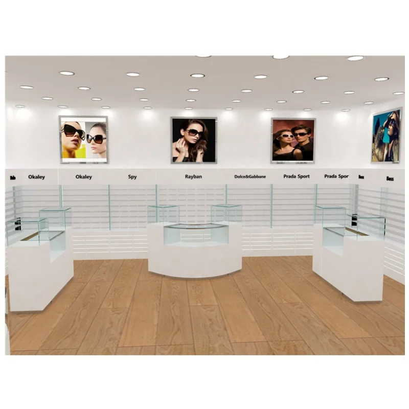 

Custom, Wooden Eyewear Display Stand with LED Light Modern Eyewear Display Counter Optical Shop Interior Design