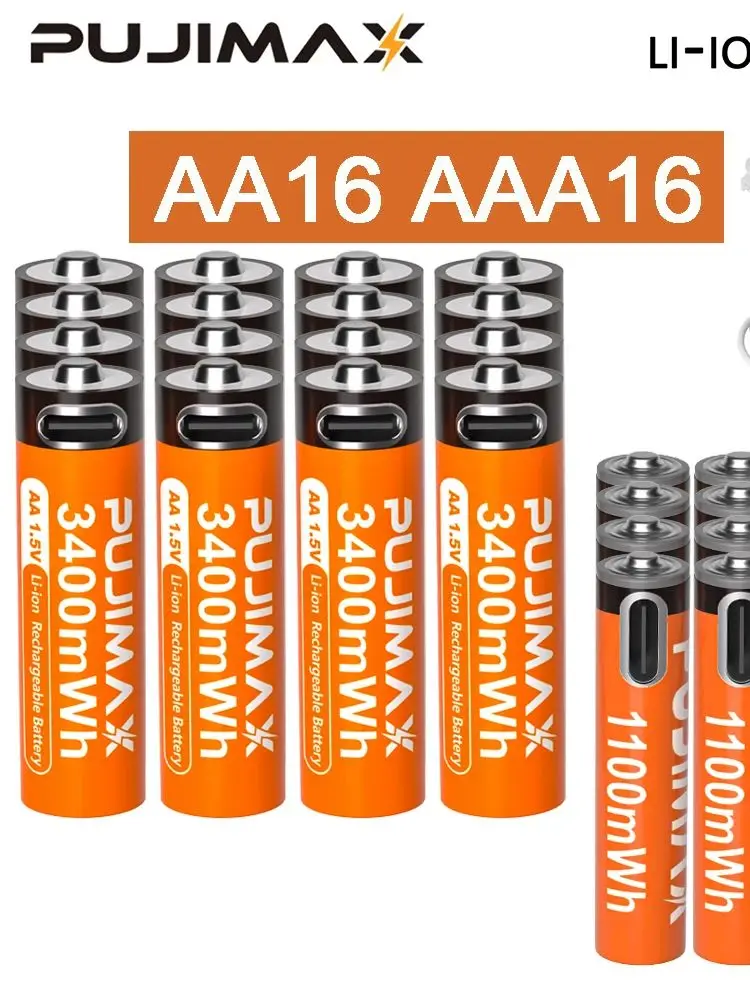 PUJIMAX 1,5 V AA en AAA oplaadbare lithiumbatterij 3400 mWh/1100 mWh, Type-C-poort Opladen worden hergebruikt 1500 keer voor wekkers - afbeelding 2