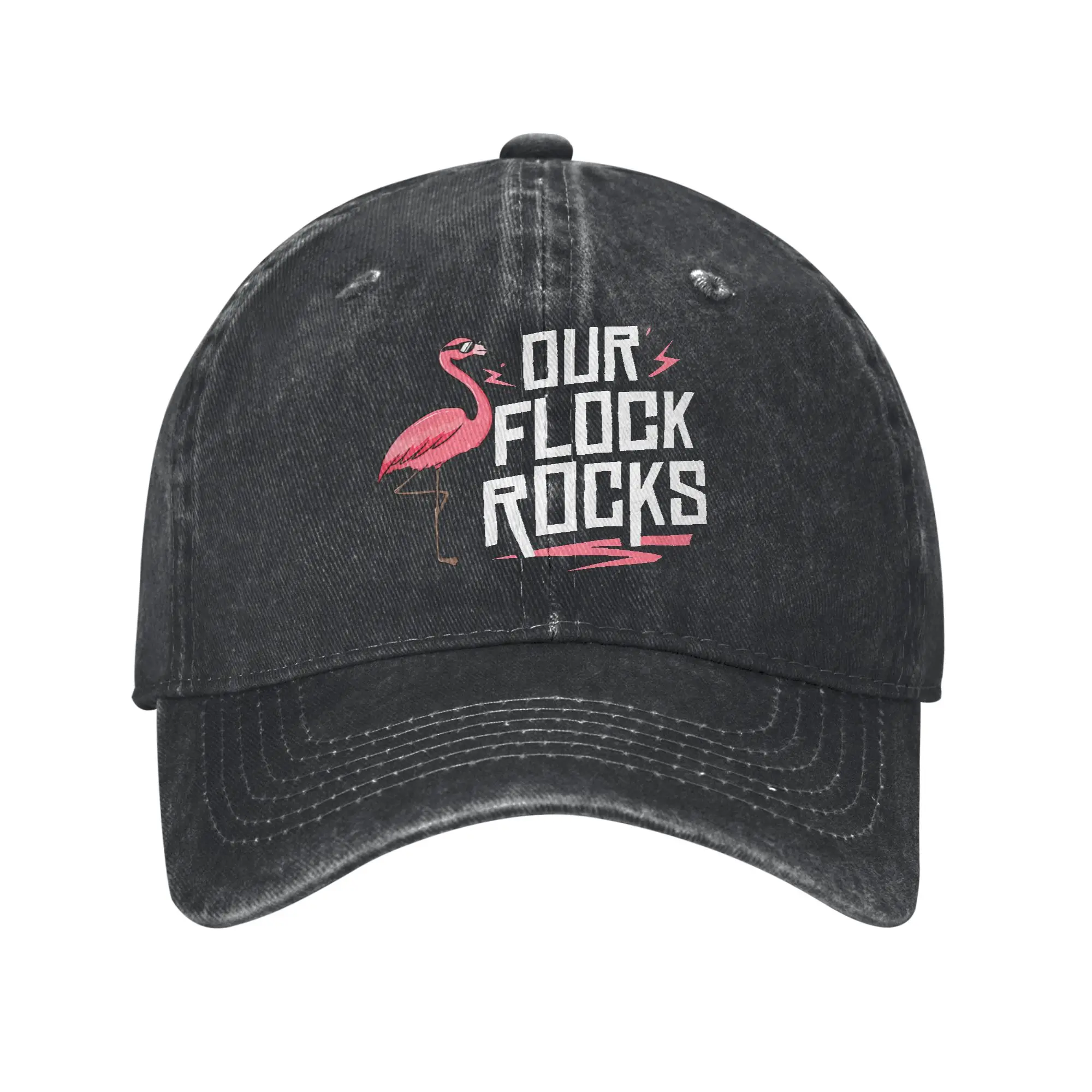 Our Flock Rocks Pink Flamingo Unisex Baseball Caps  Distressed Denim Hats Cap Vintage Outdoor Summer Adjustable Fit Snapback Hat