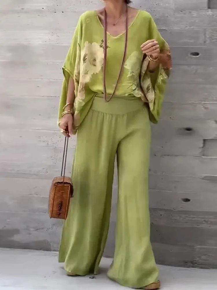 

V Neck Half Sleeve Fashion Two Pieces Sets, Women Summer Wide Leg Pants Patchwork Outfit, 2025 Printing Loose Chic Ladies Suits