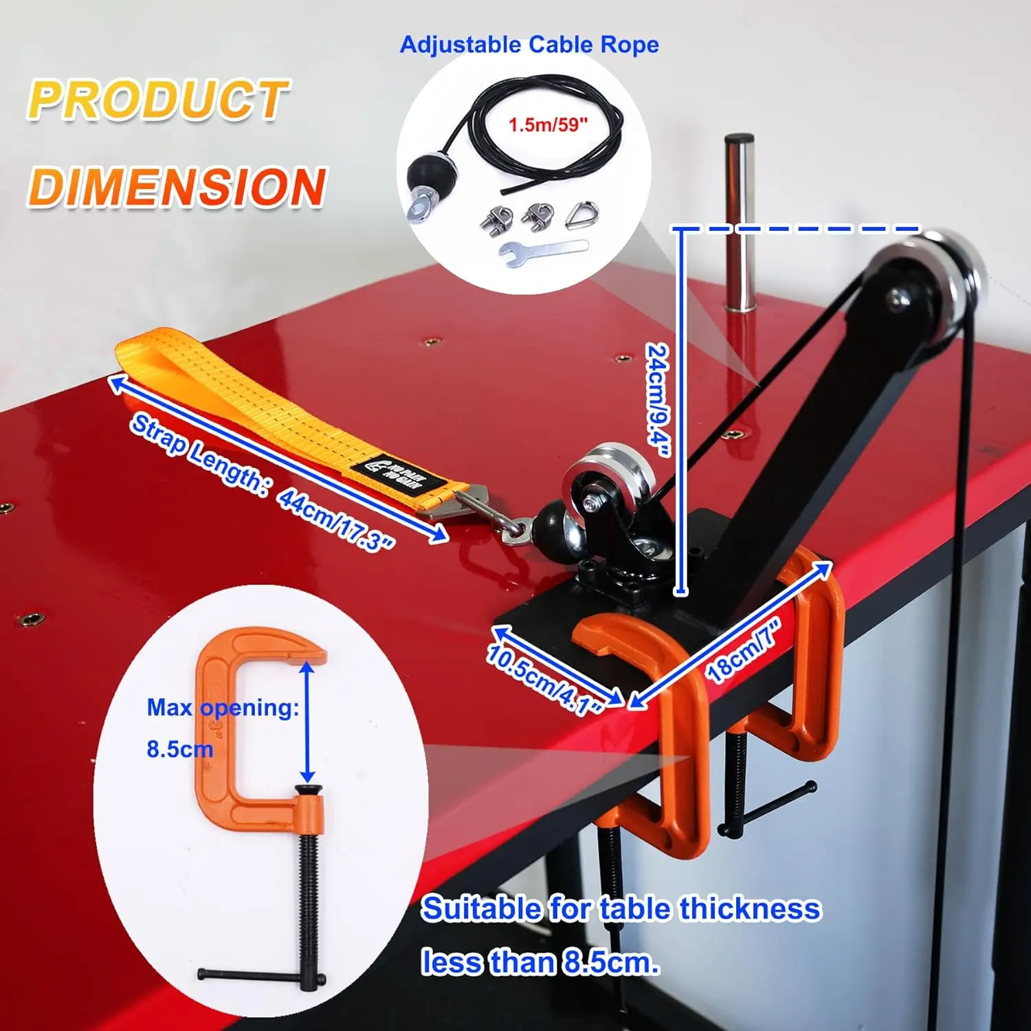 Arm Wrestling Table Pulley Training System Kit with Aluminum Rotating Pulleys Adjustable 1.5m Cable, Loading Pin and Strap