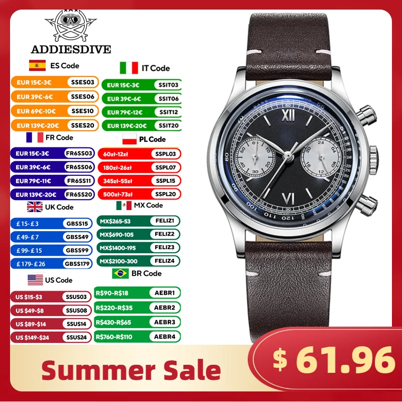 

ADDIESDIVE Leather Quartz Watch Bubble Mirror Glass 100m Waterproof Diver Analog Watches Stainless Steel VK64 Wristwatch for Men