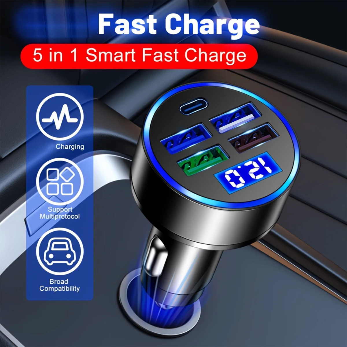 100W 5 Ports Car Charger Fast Charging PD QC 3.0 USB C Car Phone Charger Type C Adapter in Car For iPhone Samsung Huawei Xiaomi