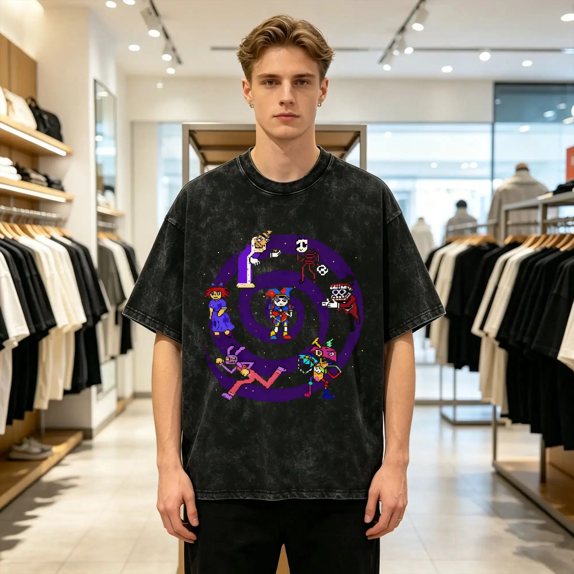 Cartoon Digatal Circus Washed T-Shirt Male  Awesome Cotton T Shirts Beach O-Neck Trendy Cool Tee Shirt Printed Big Size Clothes