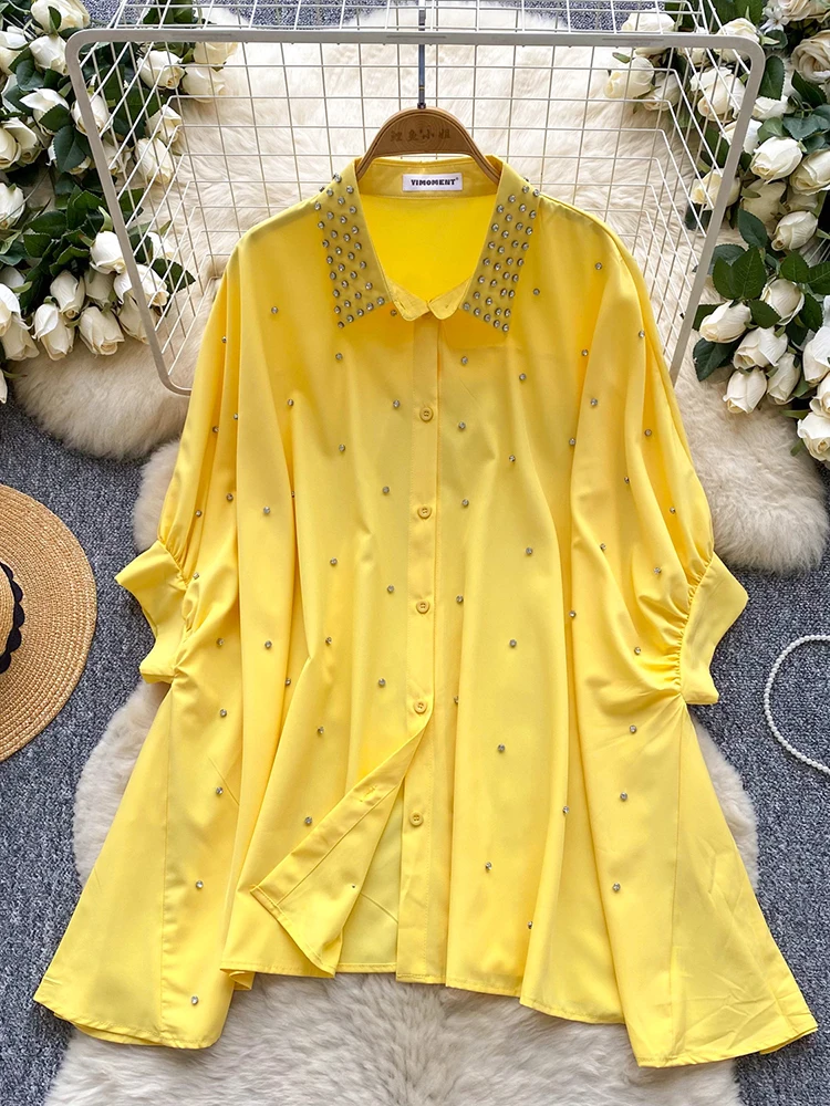 Bohemian Style Diamond Encrusted Jacket Women's Summer Heavy Industry Single Breasted Shirt Chic Batwing Sleeve Loose Tops