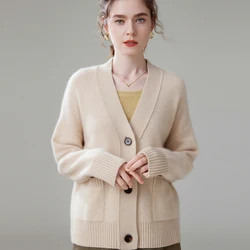 2024 Hot Sales Autumn Women's Cardigan 100% Cashmere Knitted Sweater Tops Coat Casual V-Neck Loose Large Size Shirt Spring