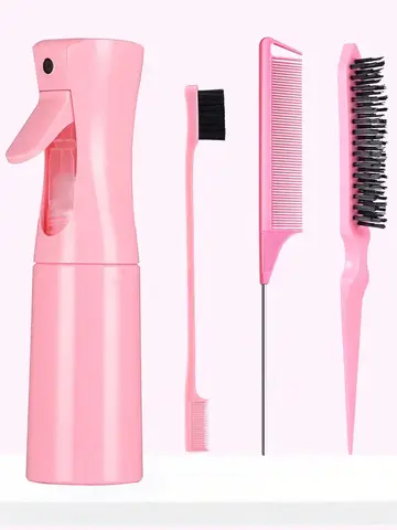 4Pcs Hair Styling Set with Spray Bottle, Rat Tail Comb, Eyebrow Brush & Fluffy Comb, All Hair Types Wet Dry Curls Coarse Fine Ha