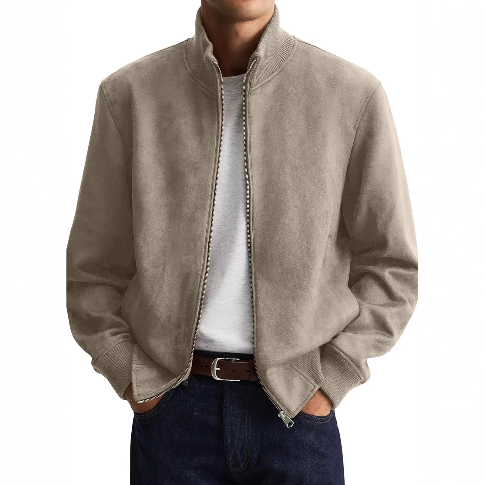 2026 new autumn and winter standing collar zipper jacket men's simple solid color high-end casual long sleeved jacket