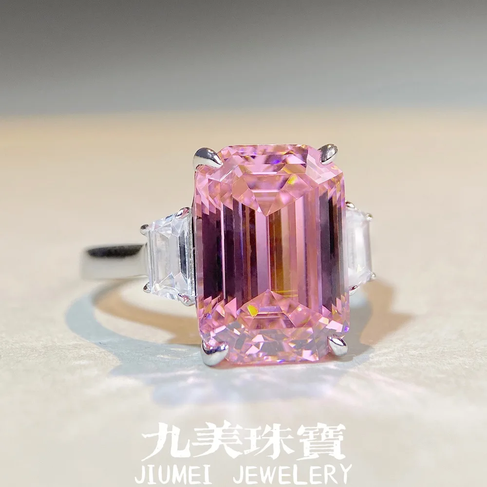 

Кольцо из серебра 925 пробы с розовым цирконием и крупным бриллиантом в форме сахарного кубика, женское, класса люкс