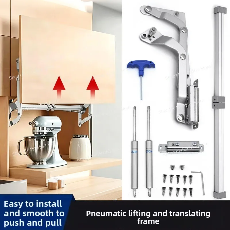 Cabinet door rising door support frame translation lifting up and down air support rod upper door tie hydraulic connector