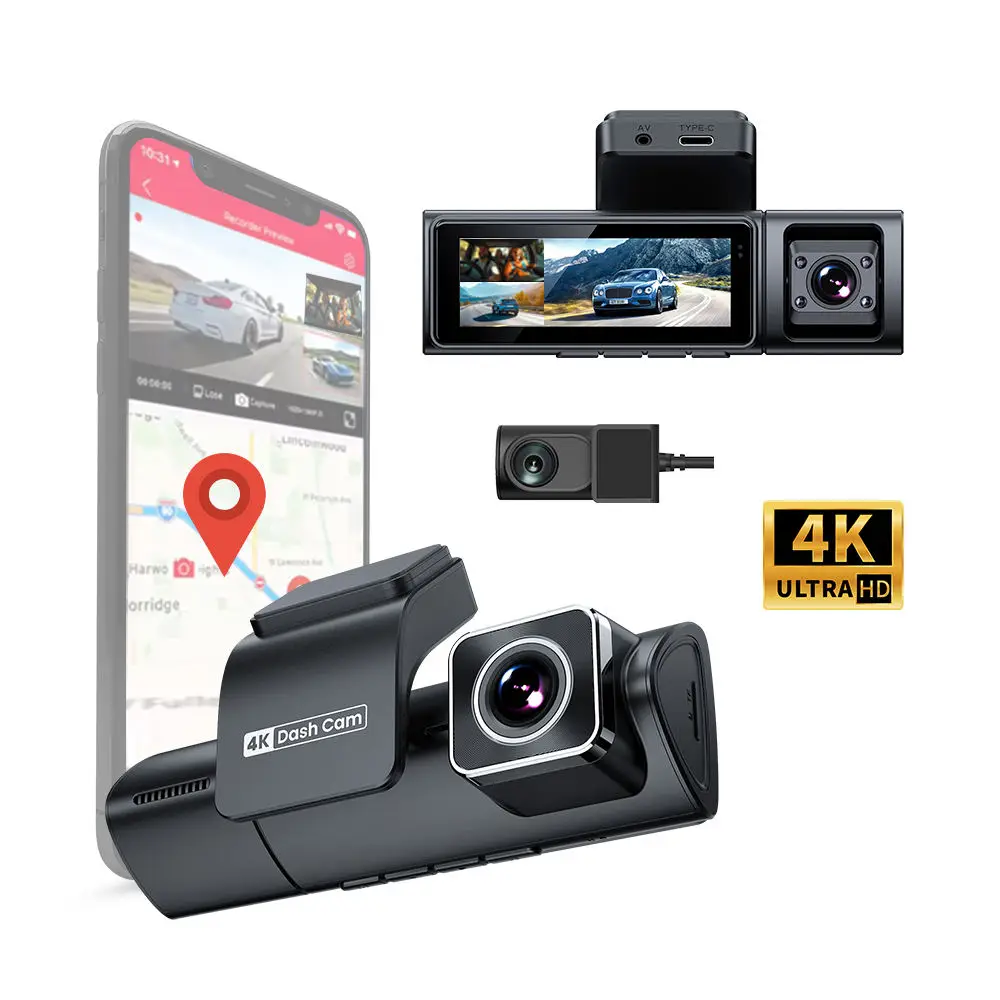 4K 3 Lens Mini Dashcam With Wifi Gps Function Fit Max 512g Card 3.2inch Screen App Live Video Check On Phone Wifi Dash Camera